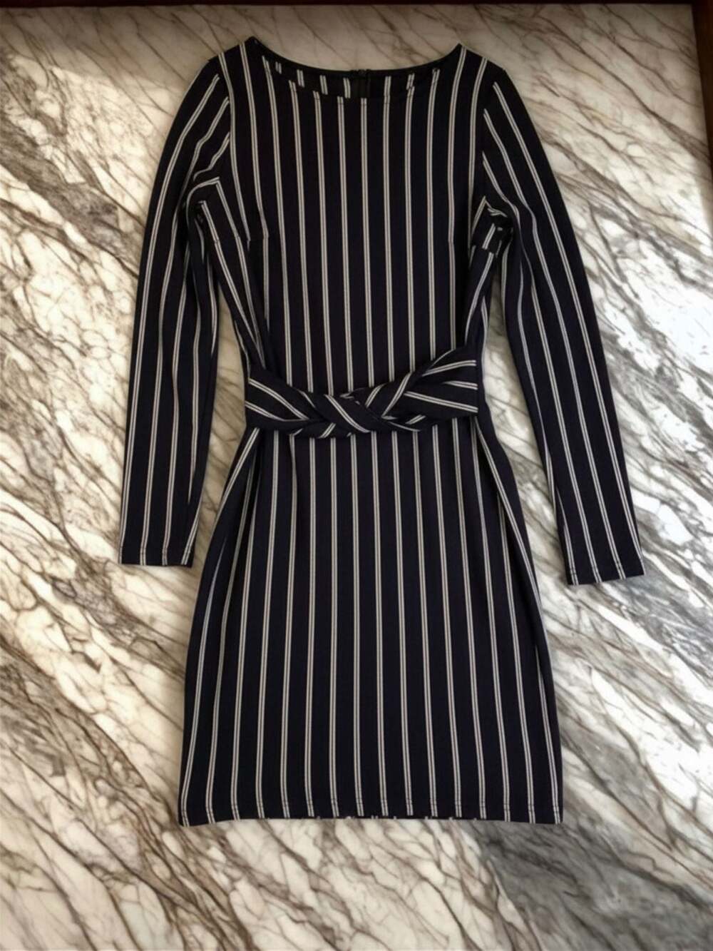 DYNAMITE | Navy & White Striped Long Sleeve Midi Dress | Twist Waist